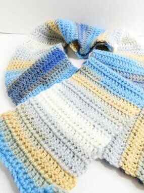 Handmade Long Crochet Scarf Multicolor Stripes Blue Green Gray White Warm No Fri